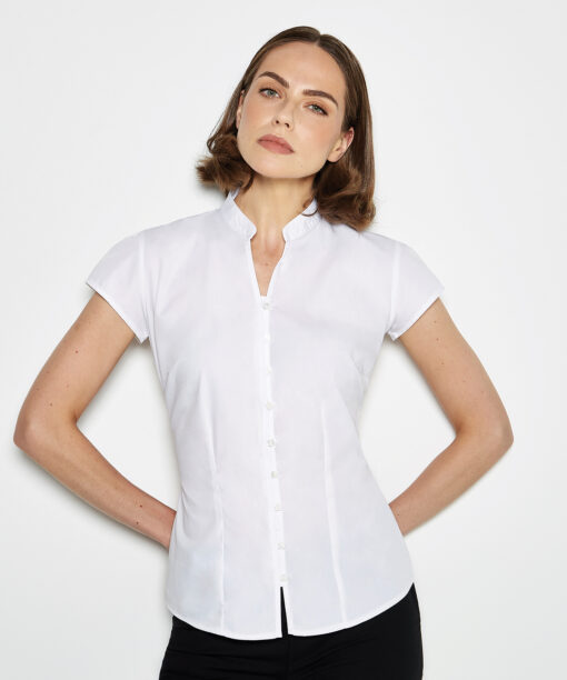 Women's continental blouse mandarin collar cap sleeve (tailored fit)